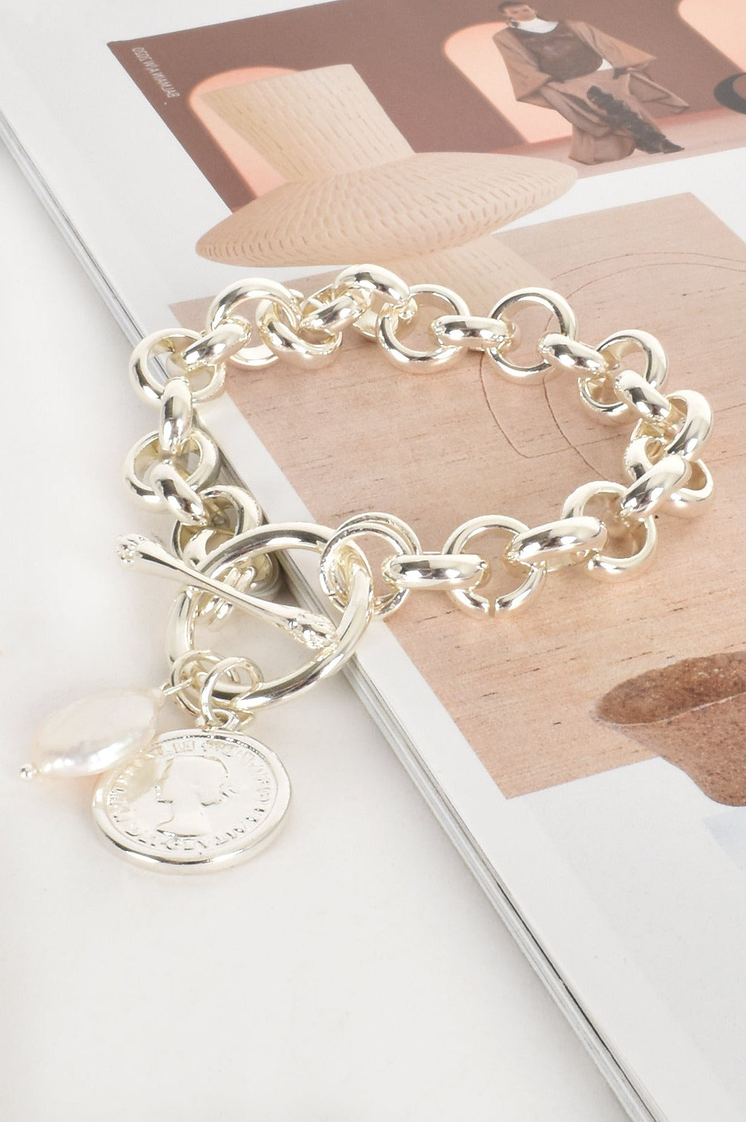 Silver Coin & Pearl Fob Bracelet